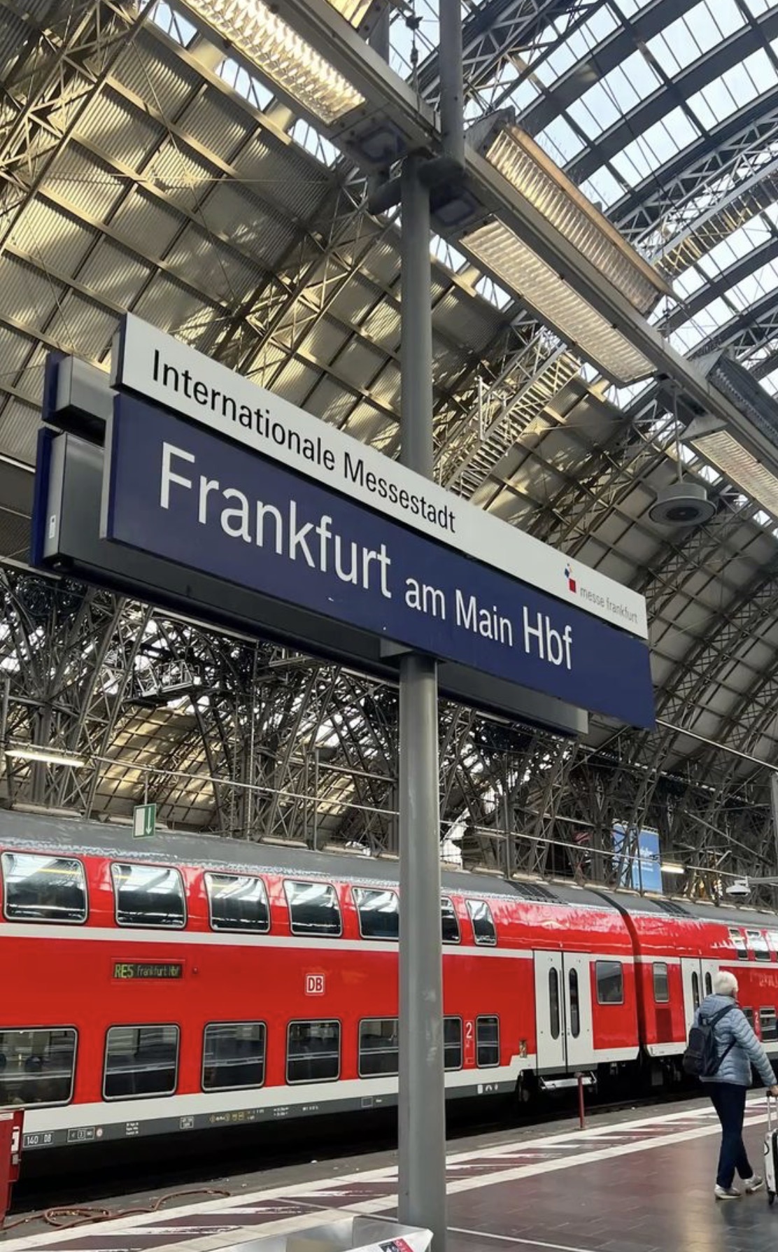 A red train at Frankfurt Central Station
